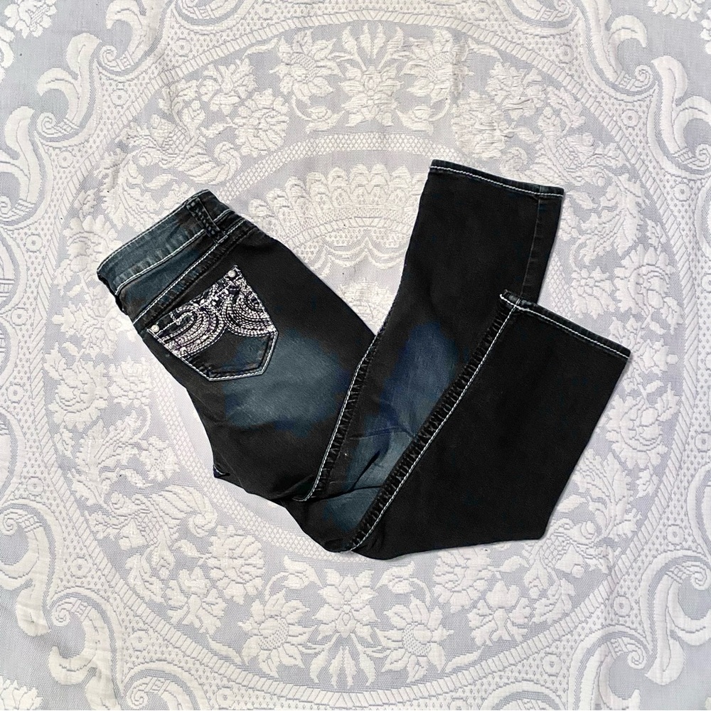 Cato Low Rise Dark Washed Denim Long Button Down Straight Leg Blue Jeans